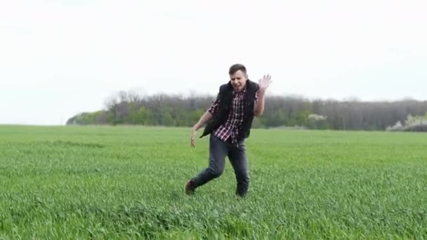 Pazzo agricoltore di successo divertente danza nel campo verde, caduta — Video Stock