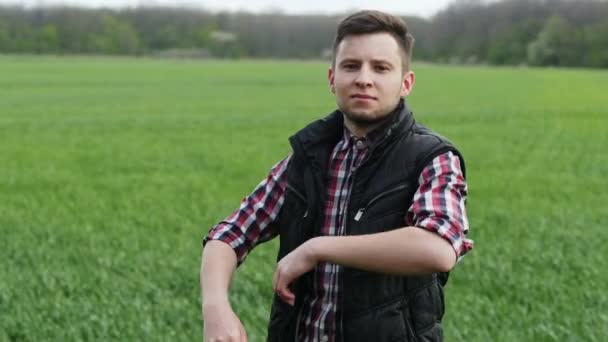 Close-up portret van succesvolle boer op zoek naar camera in het groene tarweveld — Stockvideo