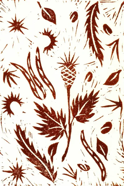 Kézi rajz linocut. Barna. Őszi növények — Stock Fotó
