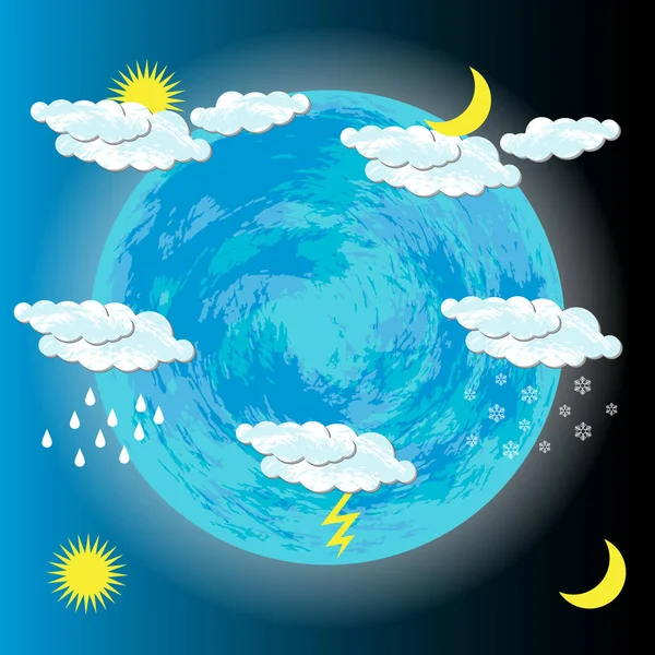 Παγκόσμια Μέρα Μετεωρολογίας. Γη, ήλιος, σύννεφα, φεγγάρι — Διανυσματικό Αρχείο