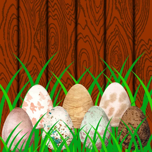 Easter. Eggs on the background of wood and grass — Stock Vector