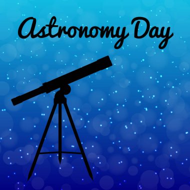 Astronomi gün. Gece gökyüzünde yıldızlar ile. Bir teleskop silüeti