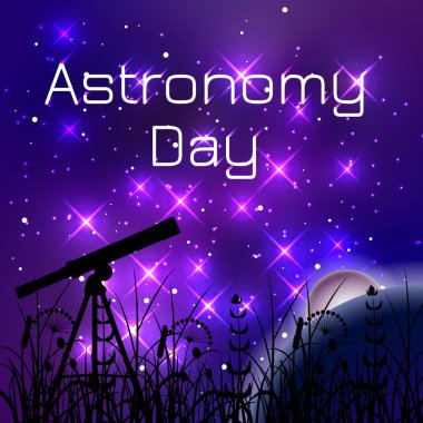 Astronomi gün. Gece gökyüzü parlak yıldız ile. Silhouette bir teleskop ve çim