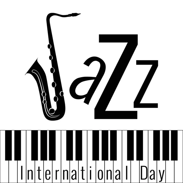 Journée internationale du jazz. Clés pour piano. Lettrage, saxophone — Image vectorielle