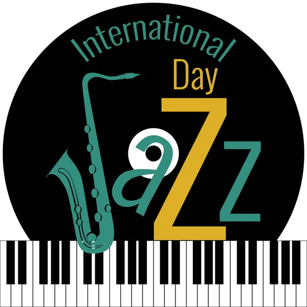 Journée internationale du jazz. Clés pour piano, disque vinyle, saxophone — Image vectorielle