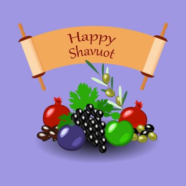 Shavuot. Meyve ve Sefer Tevrat. Lila arka plan