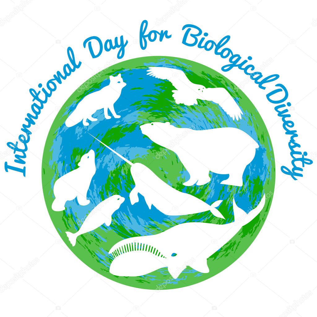 International Day for Biological Diversity. Arctic animals, white silhouettes.