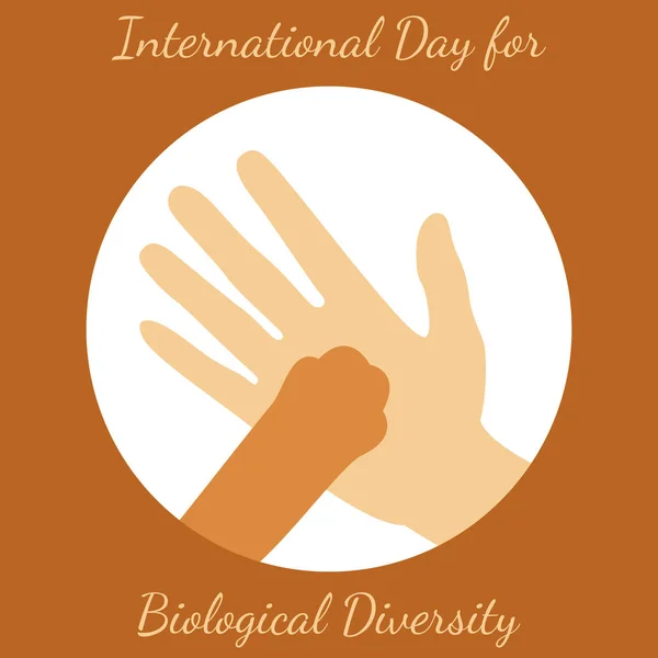 Día Internacional de la Diversidad Biológica. Una mano de hombre y pata de animal — Vector de stock