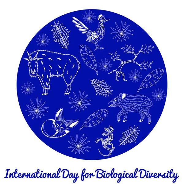 Día Internacional de la Diversidad Biológica. Animales, árboles, hojas, dibujos de contorno . — Vector de stock