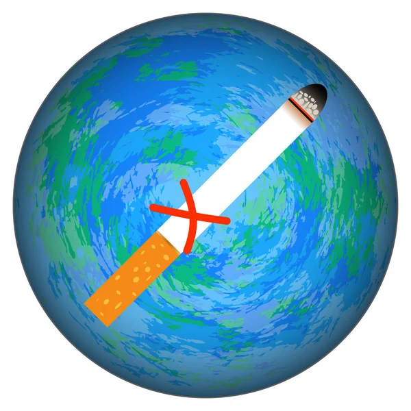 Día Mundial Sin Tabaco. El cigarrillo está tachado con una cruz roja. Planeta Tierra — Vector de stock