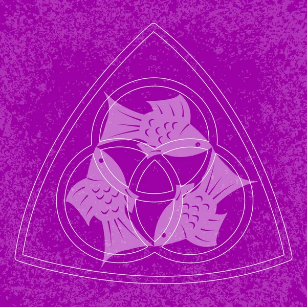 Dreifaltigkeitssonntag. christlicher Feiertag. drei Fische, symmetrisch angeordnet. auf lila Grunge-Hintergrund — Stockvektor