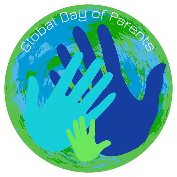 Día Mundial de los Padres. Planeta Tierra. Las palmas del padre, la madre y el niño . — Vector de stock