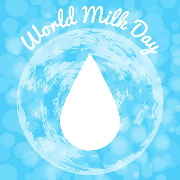 Día Mundial de la Leche. Una gota de leche. Planeta Tierra. Blanco y azul — Vector de stock