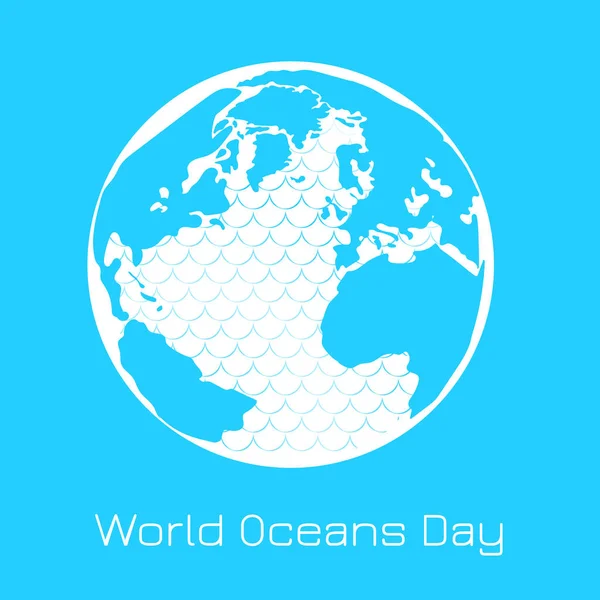 Día Mundial de los Océanos. Planeta Tierra, continentes, islas, océano con olas — Vector de stock