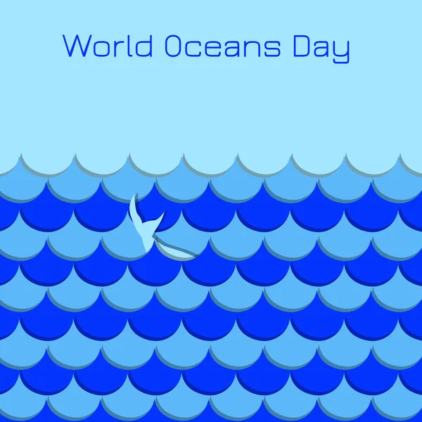 Día Mundial de los Océanos. Ondas simbólicas, cola de ballena — Vector de stock