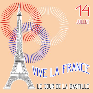 Bastille günü. 14 Temmuz. Fransız ulusal tatil kavramı. Ölçek Eyfel Kulesi. Fransız bayrağının renkleri havai fişek. Fransızca - metnlerin cevirisi 14 Temmuz, Bastille günü, çok yaşa Fransa.