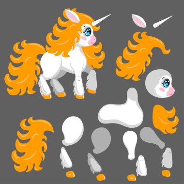 Unicorn Game Sprites sayfası. Sevimli çizgi film tarzı. Yan kaydırma, aksiyon, macera ve sonsuz koşucu oyunu için karakter ve gövde parçaları
