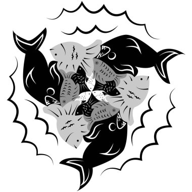 Balık bulmacaları. Escher tarzı. Simetrik yuvarlak desen. Deniz ve nehirlerin sakinleri. Bulmaca. Mozaik.