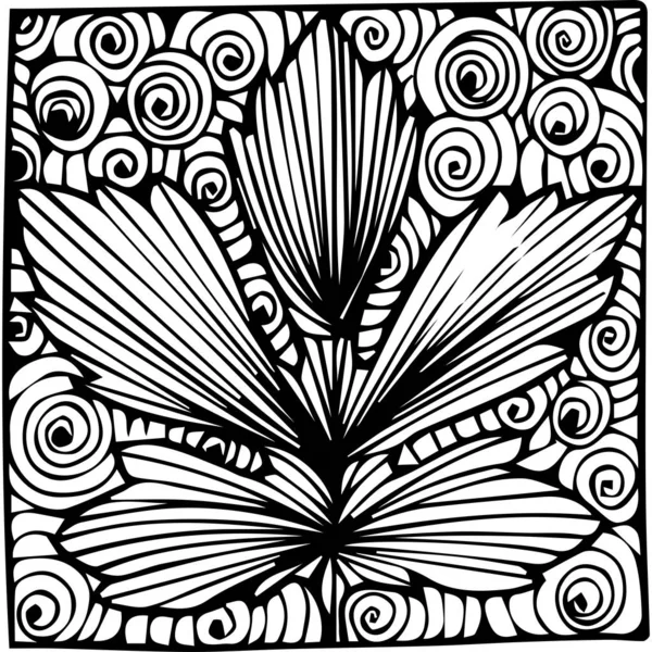 Czarno-biała grafika. Liść roślin i spirala. Ilustracja wektora — Wektor stockowy