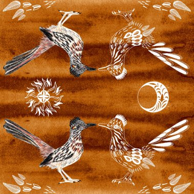 Road Runner. Daha büyük bir koşucu. Geococcyx californianus. Kuş çizimi. Ruh Hayvanı. Güneş, ay, yapraklar