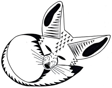 Uyuyan Fennec tilkisi. Ruh Hayvanı. Siyah beyaz çizim. Desenli siluet.