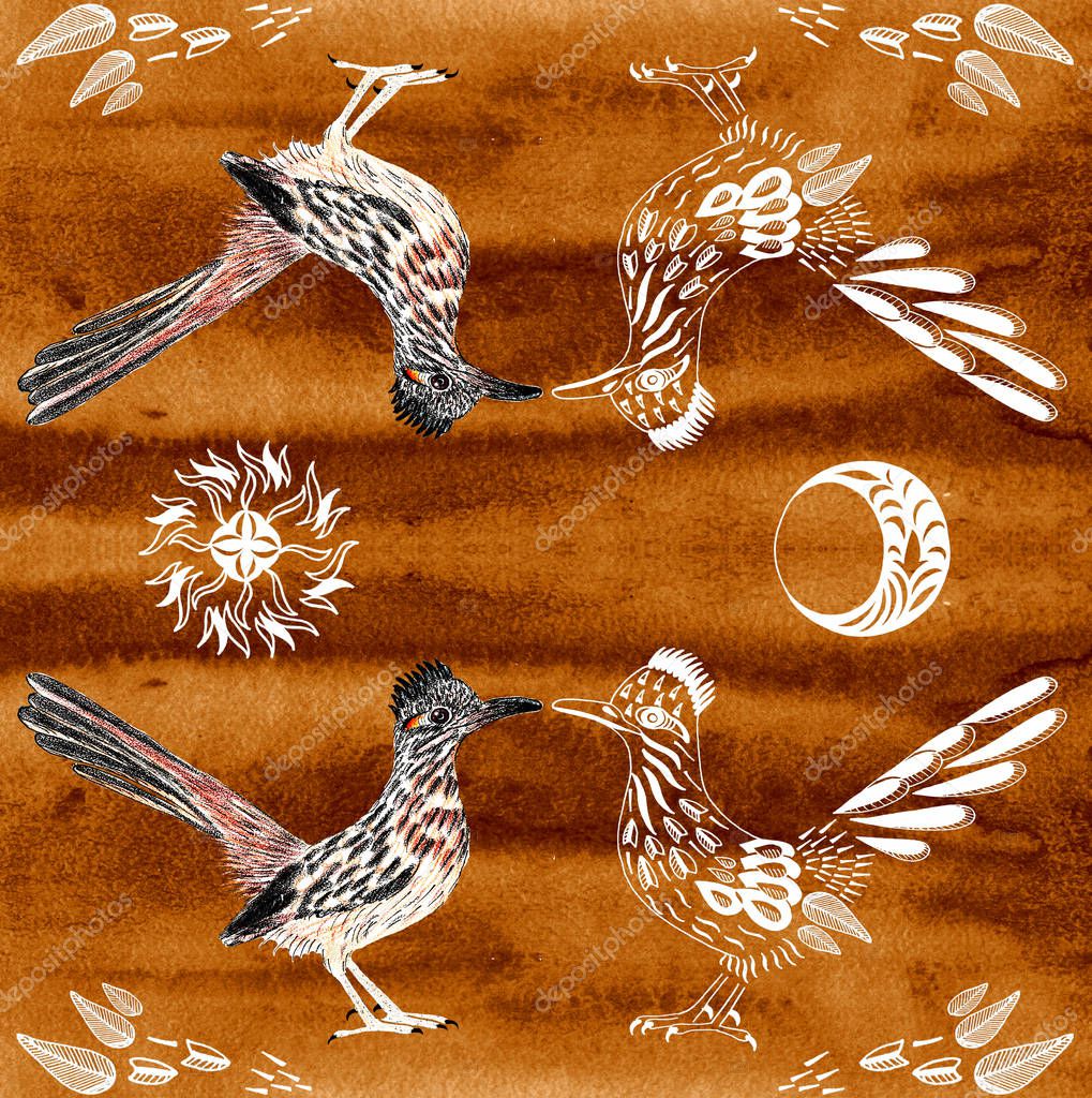 Road Runner. Greater roadrunner. Geococcyx californianus. Bird illustration. Spirit Animal. Sun, moon, leaves. Symmetric composition. Texture background