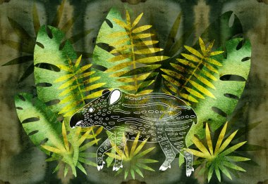 Tapir. Ormandan getirilmiş bir domuz. Ruh Hayvanı. Siyah beyaz çizim. Desenli siluet.