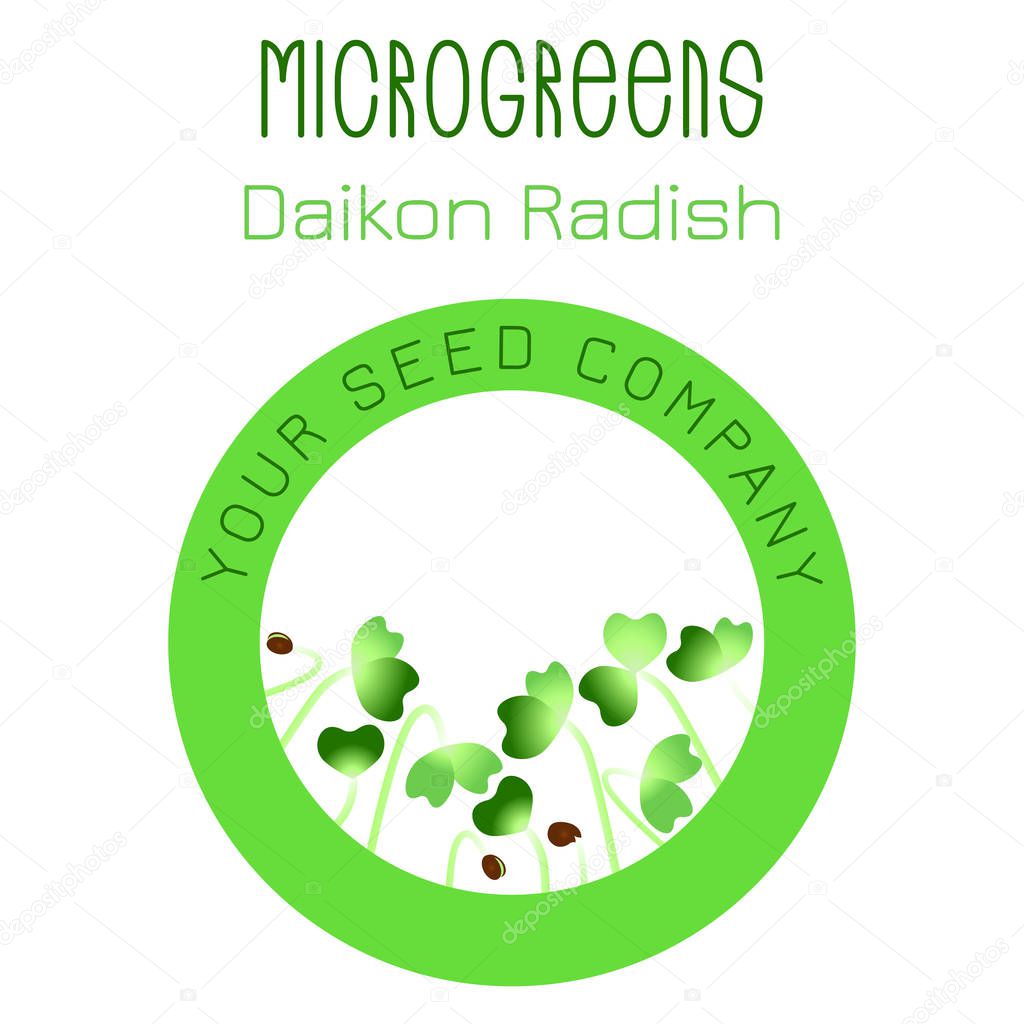 Microgreens Daikon Radish. Seed packaging design, round element in the center