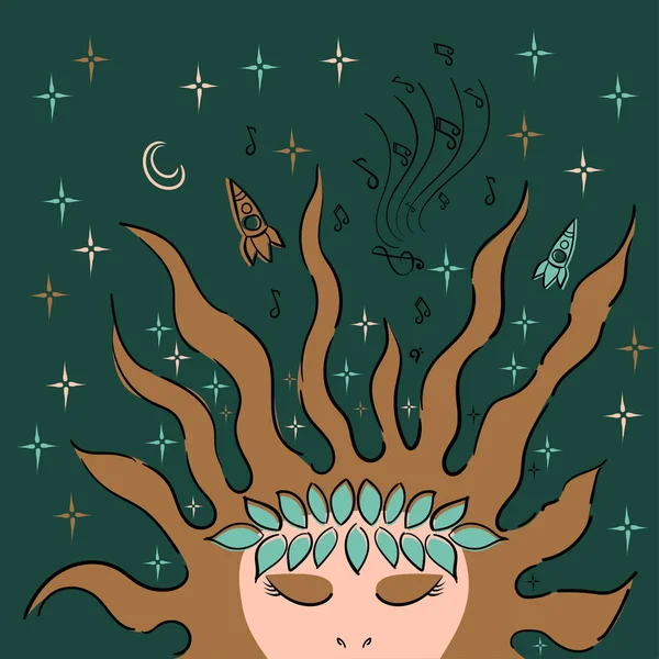 The girl sleeps, dreams of music and space. Vector sketch illustration. — Stok Vektör