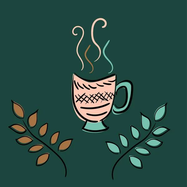 Une tasse de thé, de café et de branches de plantes. Illustration de croquis vectoriels. Palette de couleurs limitée . — Image vectorielle