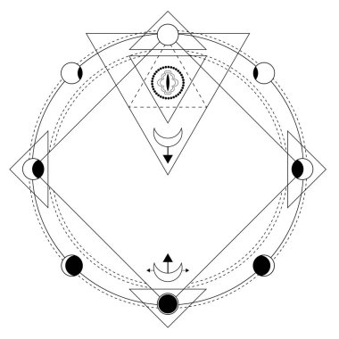 Kutsal geometri, ezoterik semboller. Vektör çizimi. Gizemli işaretler, ay, şekiller.