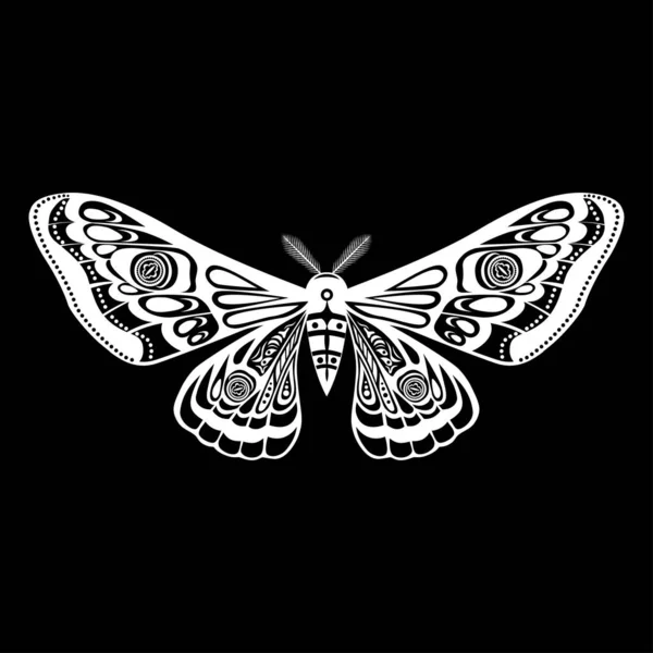 Polilla nocturna, mariposa. Ilustración vectorial. Alas medio abiertas. Elemento de diseño aislado en negro — Vector de stock