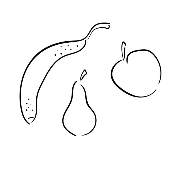 Früchte - Banane, Apfel, Birne. Vector Doodle lineare Illustration. Isoliert auf weiß. Designelemente. — Stockvektor