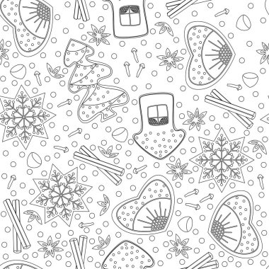 Zencefilli çörek. Kusursuz desen. Yetişkinler ve çocuklar için boyama kitabı. Yeni yıl, Noel tasarımı. Mutfak, kafe, alışveriş için. Kalp, ev, ağaç, kar tanesi yıldızı karanfil fındık tarçın
