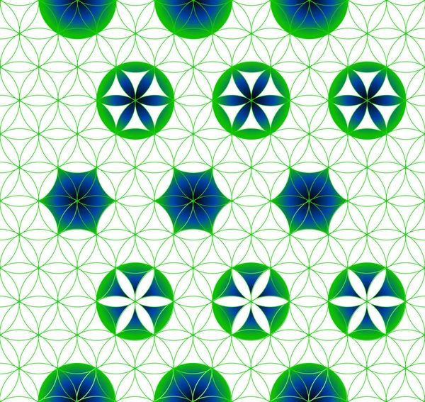 Levensbloem Heilige Geometrie Naadloos Patroon Groen Blauw Lichtpunten — Stockvector