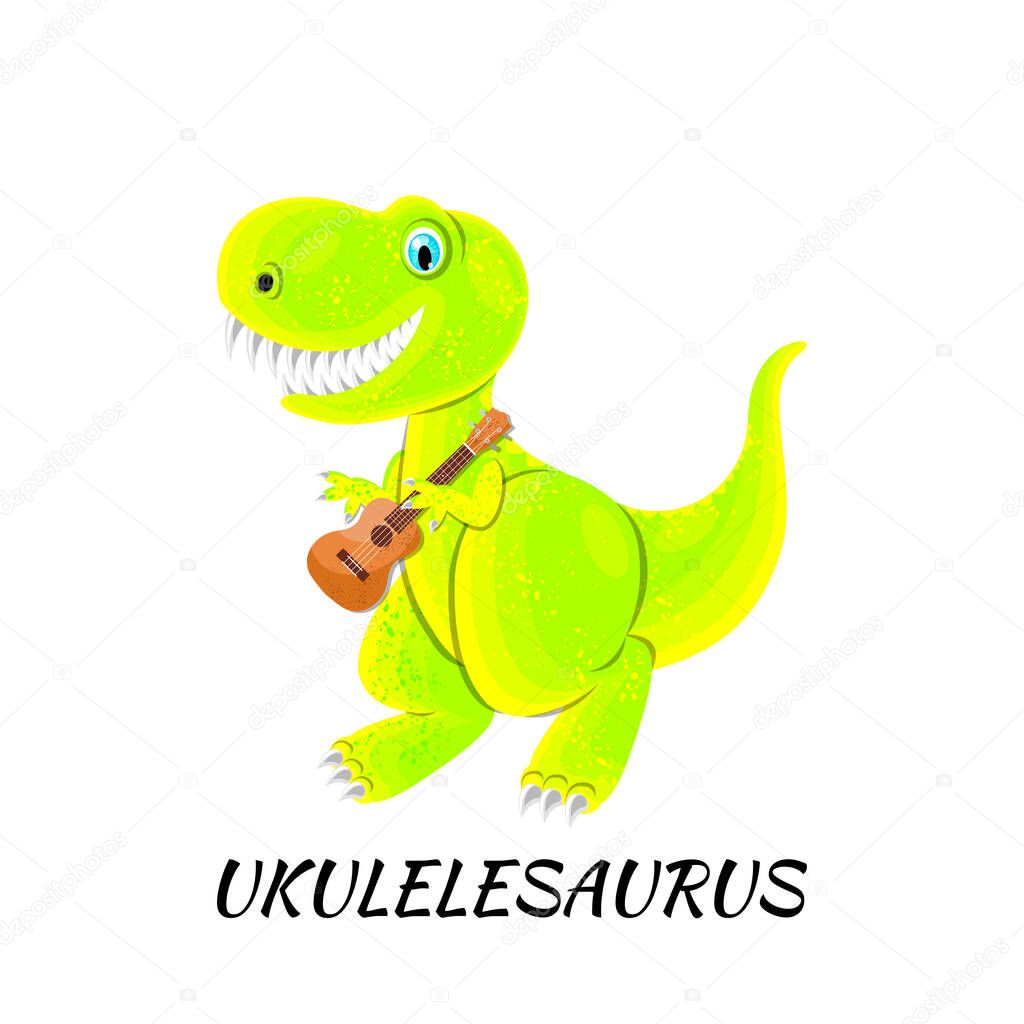 Dinosaur Playing Ukulele. Isolated on white. Vector illustration, flat style. Funny name - Ukulelesaurus