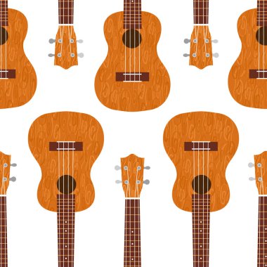 Ukulele Hawai gitarı. Kahverengi ağaçtan. Gerçekçi vektör çizimi. Kusursuz desen. Şeffaf arkaplan