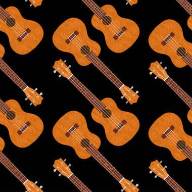 Ukulele Hawai gitarı. Kahverengi ağaçtan. Gerçekçi vektör çizimi. Kusursuz desen. Siyah arkaplan