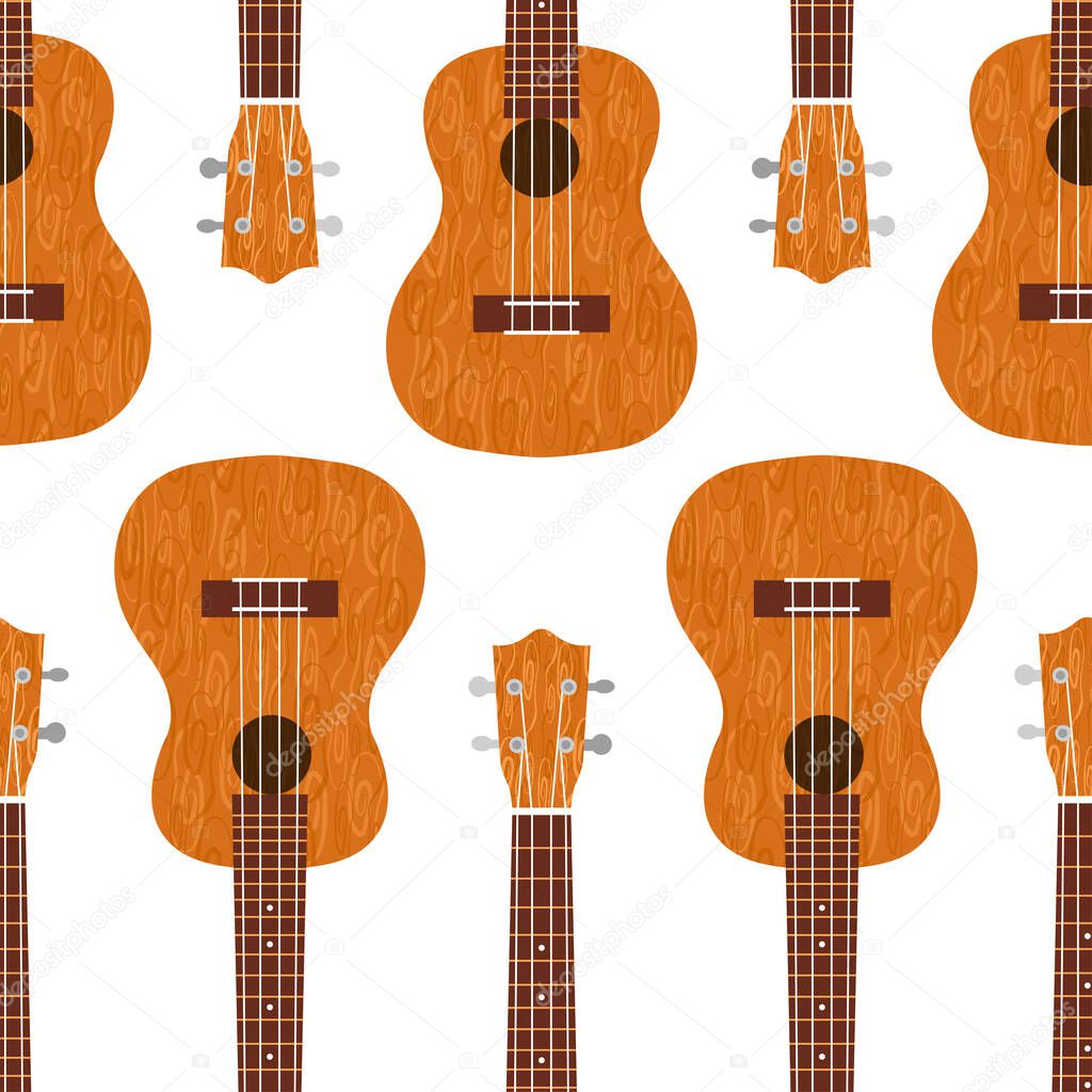 Ukulele Hawaiian guitar. From brown wood. Realistic vector illustration. Seamless pattern. Transparent background