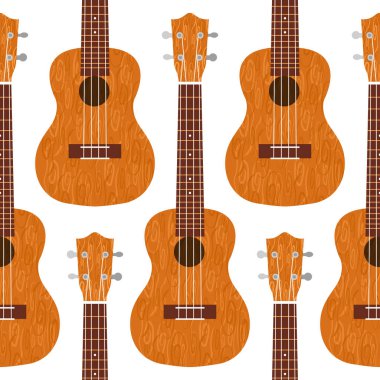 Ukulele Hawai gitarı. Kahverengi ağaçtan. Gerçekçi vektör çizimi. Kusursuz desen. Şeffaf arkaplan
