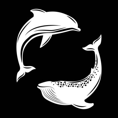 Yunus ve Balina. Vektör çizimi, düz stil. Siyah ve beyaz