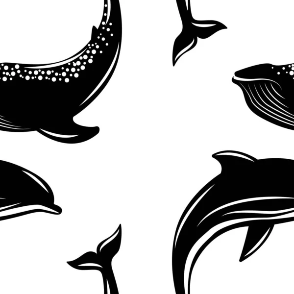 Дельфін Кит Вектор Ілюструє Плаский Стиль Безшовні Візерунки Чорне Біле — стоковий вектор