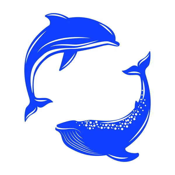 Delfín y Ballena. Ilustración vectorial, estilo plano. Aislado sobre blanco . — Vector de stock