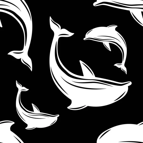 Delfín. Ilustración vectorial, estilo plano. Blanco y negro. Patrón sin costura — Vector de stock