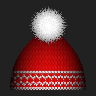 Noel Baba yeni yıl şapkası. Beyaz süslemeli ve ponponlu kırmızı. Örgü kumaşın taklidi.