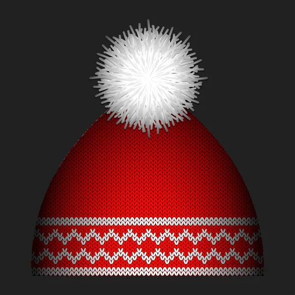 Noel Baba yeni yıl şapkası. Beyaz süslemeli ve ponponlu kırmızı. Örgü kumaşın taklidi. — Stok Vektör