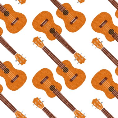 Ukulele Hawai gitarı. Kahverengi ağaçtan. Gerçekçi vektör çizimi. Kusursuz desen. Şeffaf arkaplan