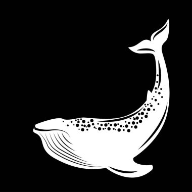 Balina. Vektör çizimi, düz stil. Siyah ve beyaz.