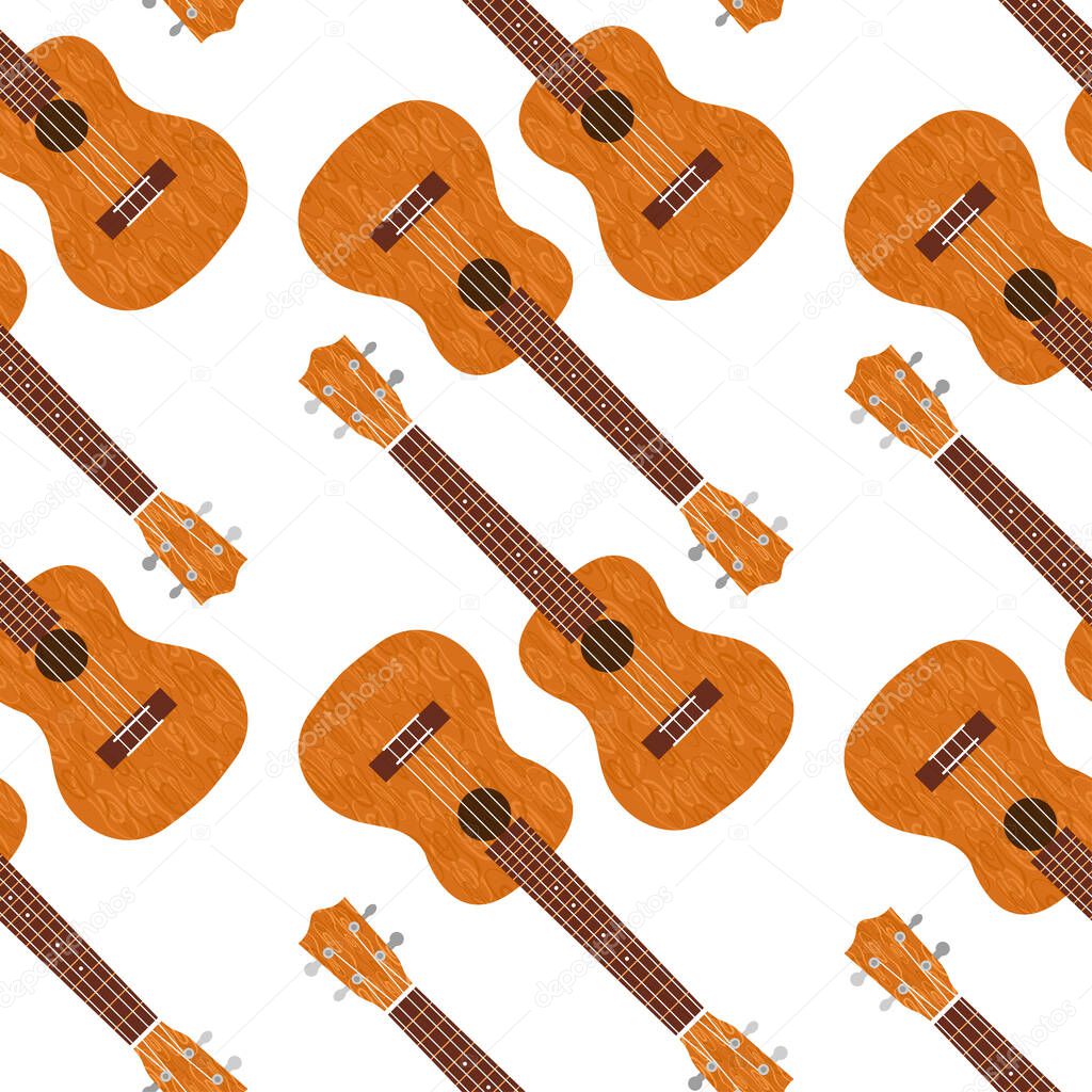 Ukulele Hawaiian guitar. From brown wood. Realistic vector illustration. Seamless pattern. Transparent background