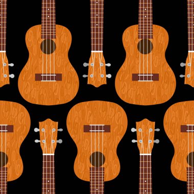 Ukulele Hawai gitarı. Kahverengi ağaçtan. Gerçekçi vektör çizimi. Kusursuz desen. Siyah arkaplan